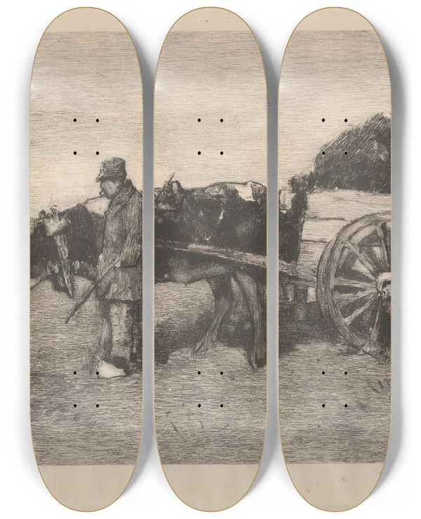 Triptych art skateboard deck of David Young Cameron The Leaf Cart by David Young Cameron (1865-1945)