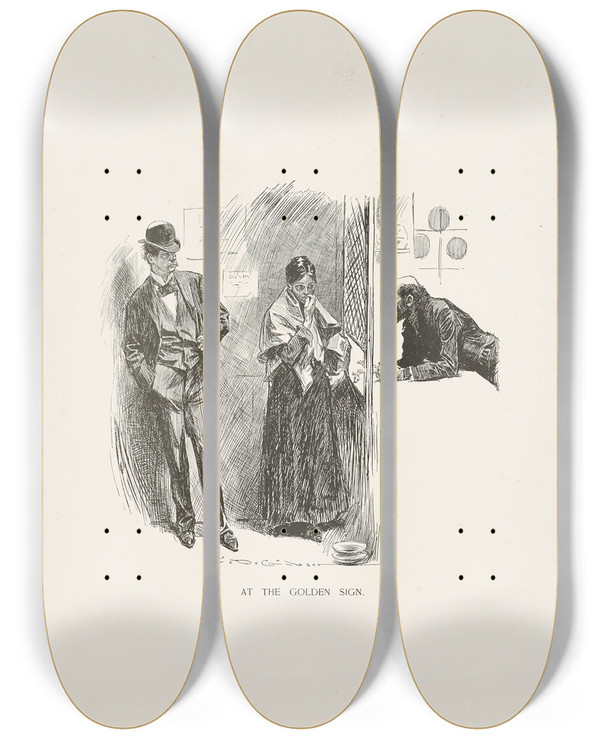 Triptych art skateboard deck of Charles Dana Gibson At The Golden Sun by Charles Dana Gibson (1867-1944)