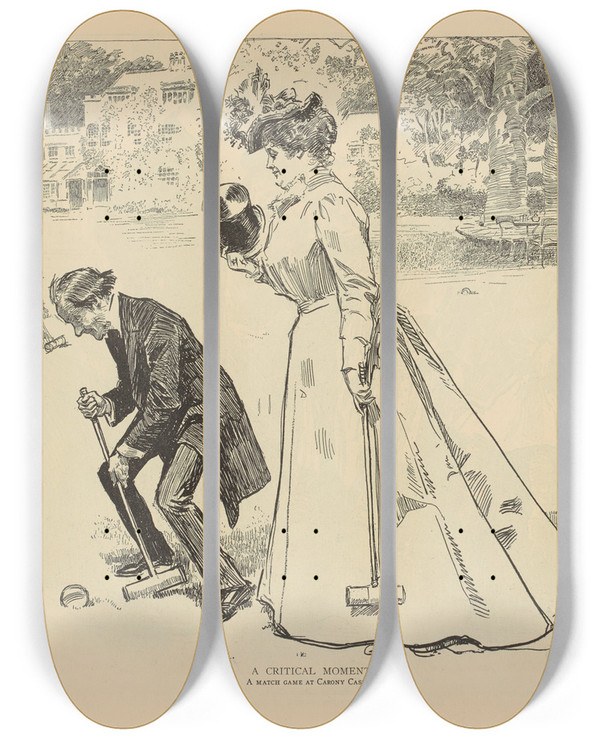 Triptych art skateboard deck of Charles Dana Gibson A Critical Moment by Charles Dana Gibson (1867-1944)