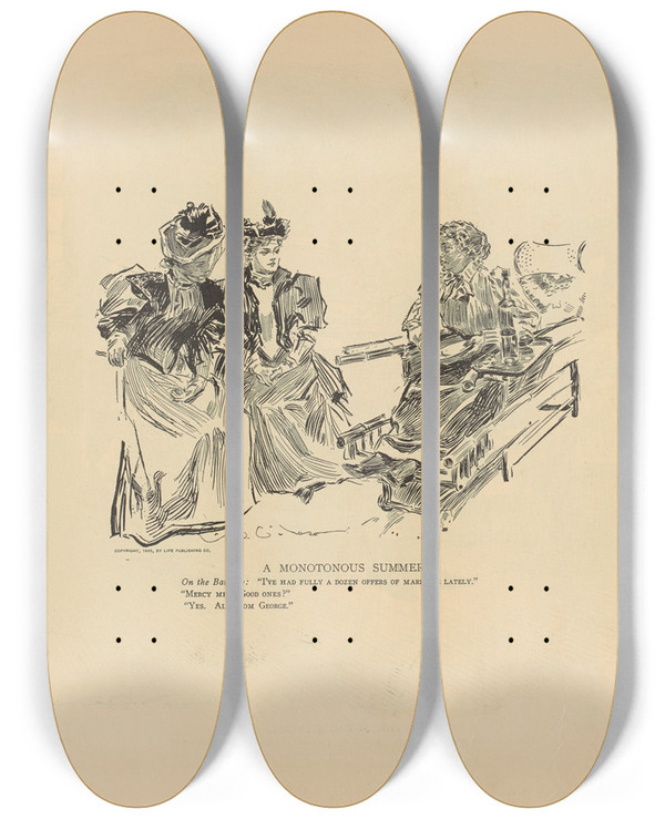 Triptych art skateboard deck of Charles Dana Gibson A Monotonous Summer by Charles Dana Gibson (1867-1944)