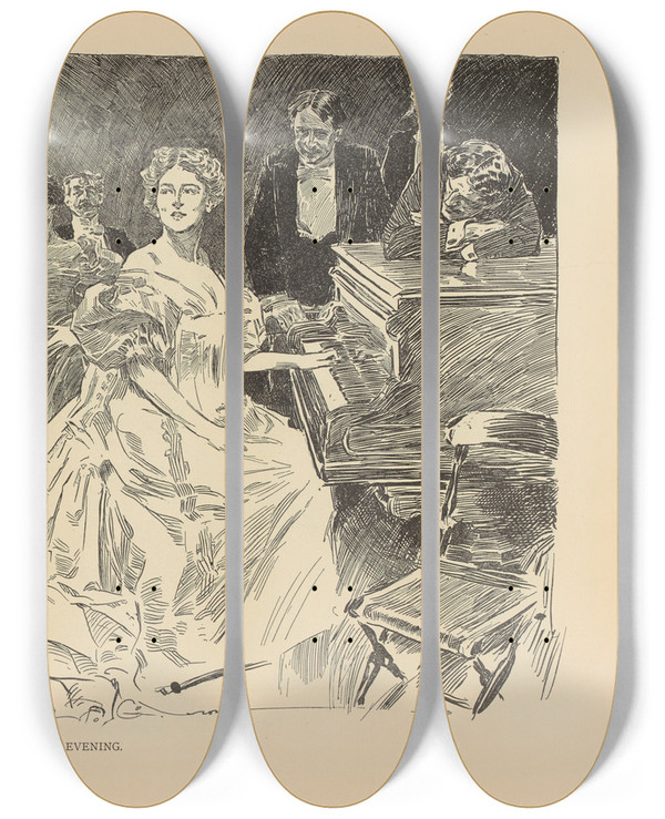 Triptych art skateboard deck of Charles Dana Gibson A Professional Evening_2 by Charles Dana Gibson (1867-1944)