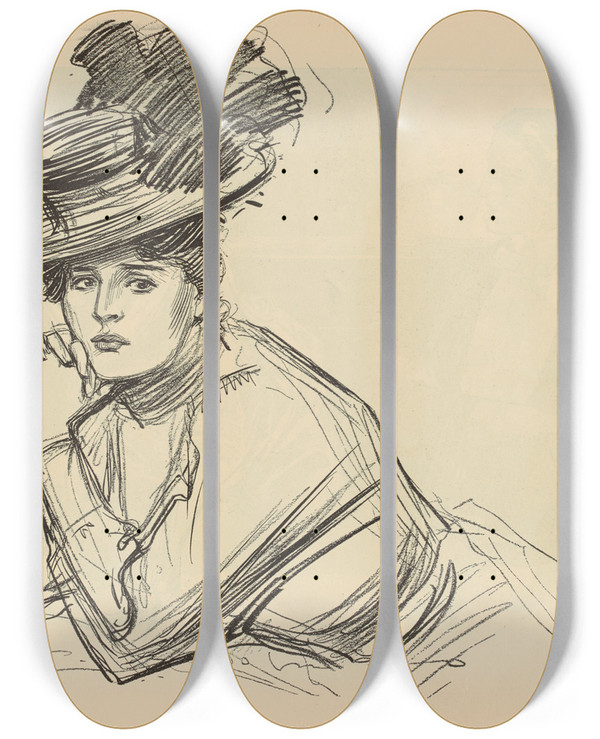 Triptych art skateboard deck of Charles Dana Gibson A Study by Charles Dana Gibson (1867-1944)