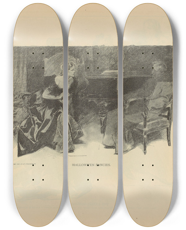 Triptych art skateboard deck of Charles Dana Gibson Halloween Fancies by Charles Dana Gibson (1867-1944)