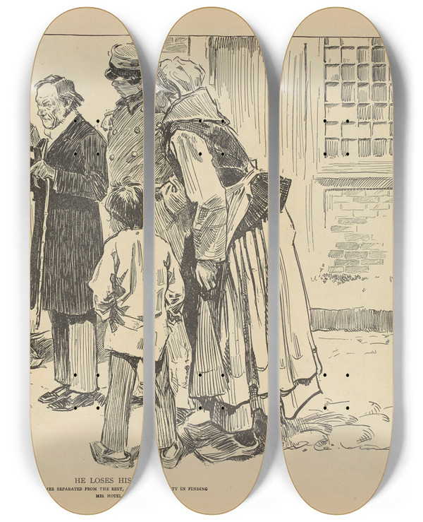 Triptych art skateboard deck of Charles Dana Gibson He Loses His Way by Charles Dana Gibson (1867-1944)