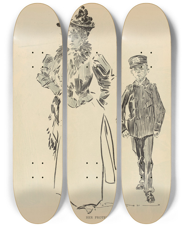 Triptych art skateboard deck of Charles Dana Gibson Her Protector_2 by Charles Dana Gibson (1867-1944)
