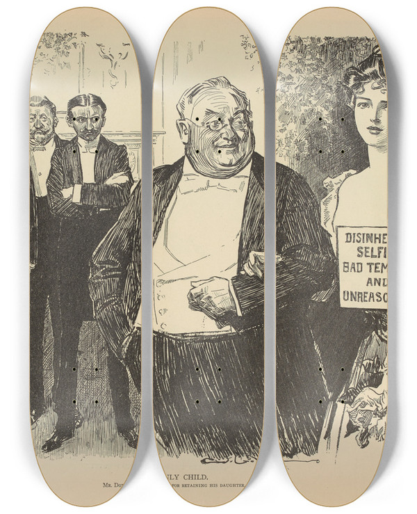Triptych art skateboard deck of Charles Dana Gibson His Only Child by Charles Dana Gibson (1867-1944)