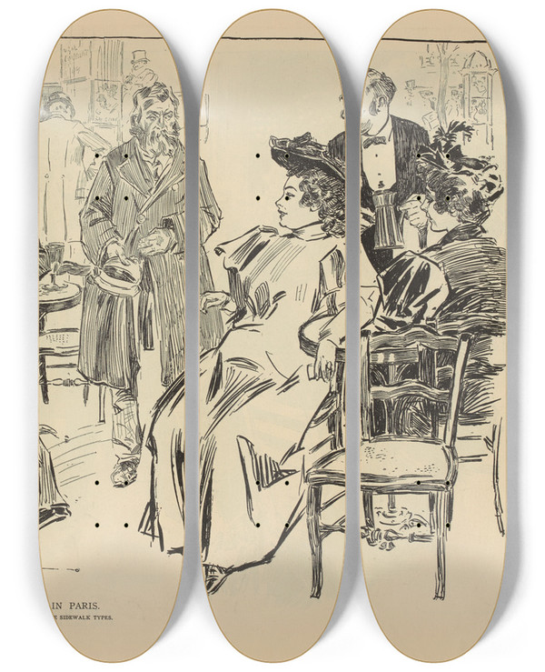 Triptych art skateboard deck of Charles Dana Gibson In Paris Some Sidewalk Types_2 by Charles Dana Gibson (1867-1944)