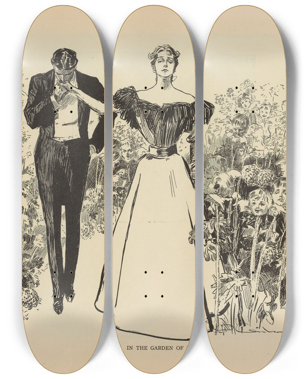 Triptych art skateboard deck of Charles Dana Gibson In The Garden Of Youth by Charles Dana Gibson (1867-1944)