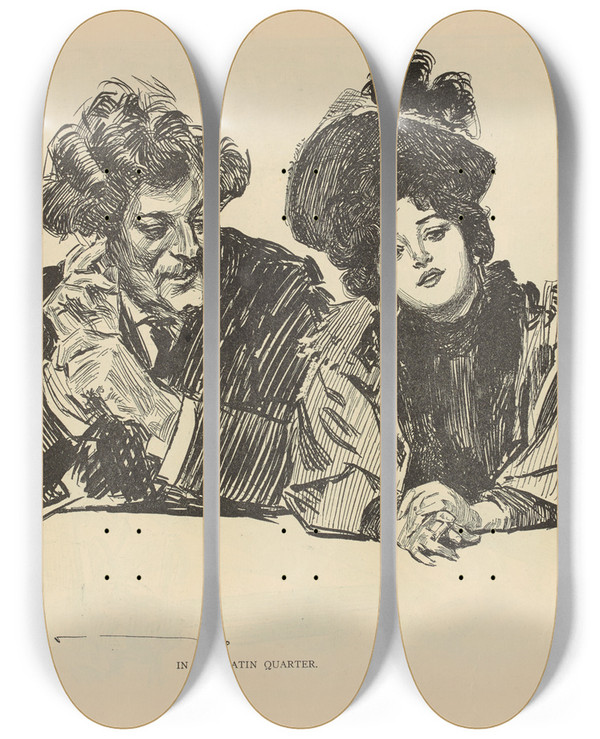 Triptych art skateboard deck of Charles Dana Gibson In The Latin Quarter_2 by Charles Dana Gibson (1867-1944)