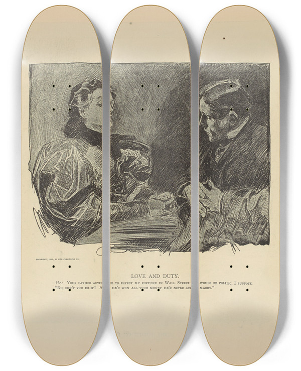Triptych art skateboard deck of Charles Dana Gibson Love And Duty_2 by Charles Dana Gibson (1867-1944)