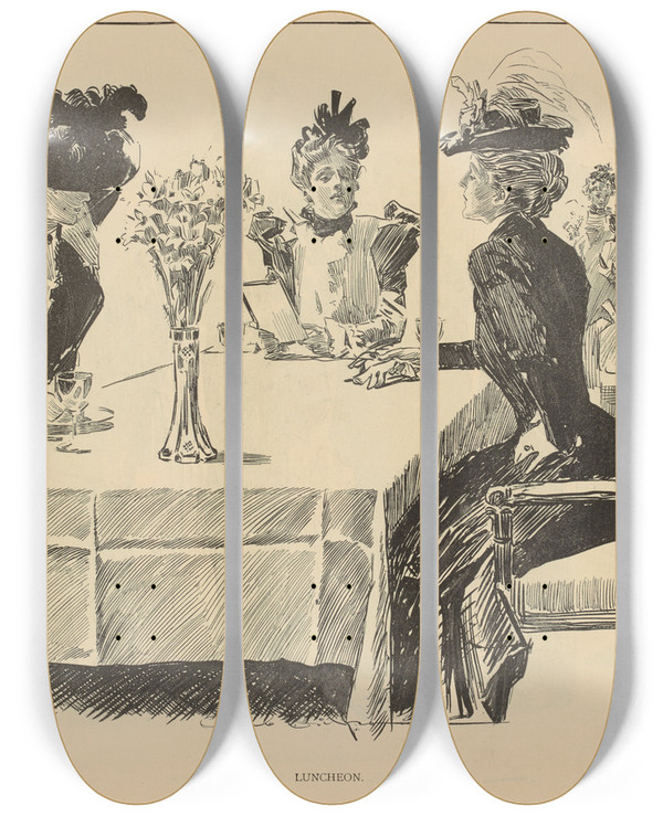 Triptych art skateboard deck of Charles Dana Gibson Luncheon_2 by Charles Dana Gibson (1867-1944)