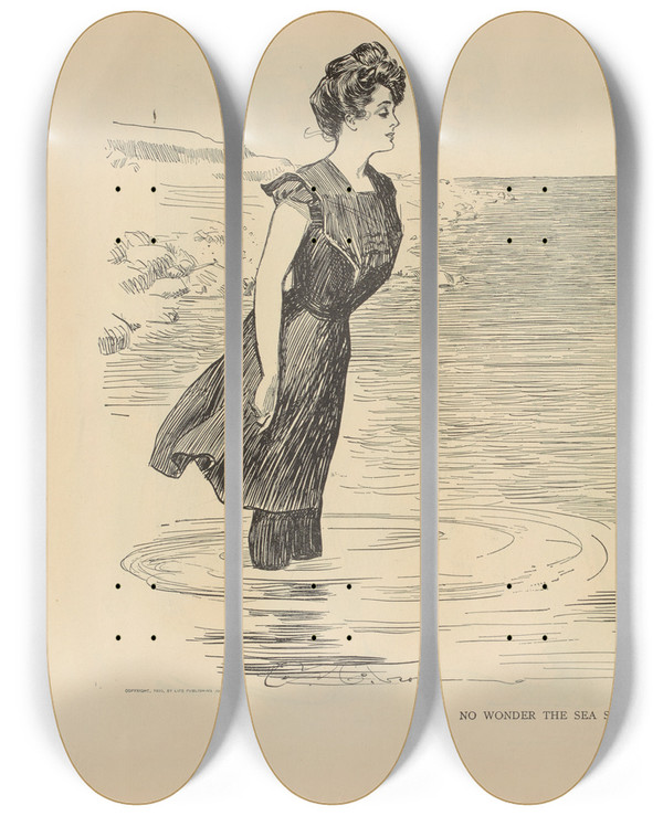 Triptych art skateboard deck of Charles Dana Gibson No Wonder The Sea Serpent Frequents Our Coast_2 by Charles Dana Gibson (1867-1944)