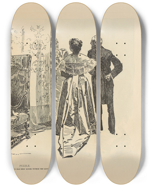 Triptych art skateboard deck of Charles Dana Gibson Puzzle Find The Girl Who Has Been Kissed Within Ten Minutes_2 by Charles Dana Gibson (1867-1944)