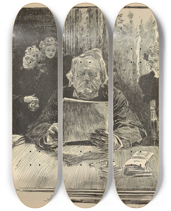 Triptych art skateboard deck of Charles Dana Gibson Reading The Will_2 by Charles Dana Gibson (1867-1944)