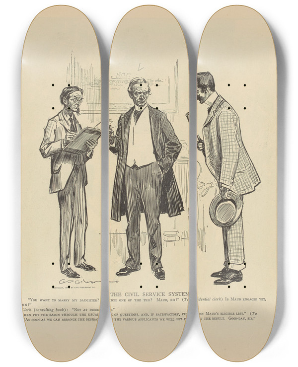 Triptych art skateboard deck of Charles Dana Gibson The Civil Service System by Charles Dana Gibson (1867-1944)