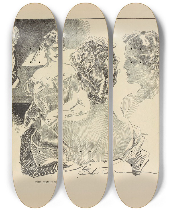 Triptych art skateboard deck of Charles Dana Gibson The Comic Song_2 by Charles Dana Gibson (1867-1944)