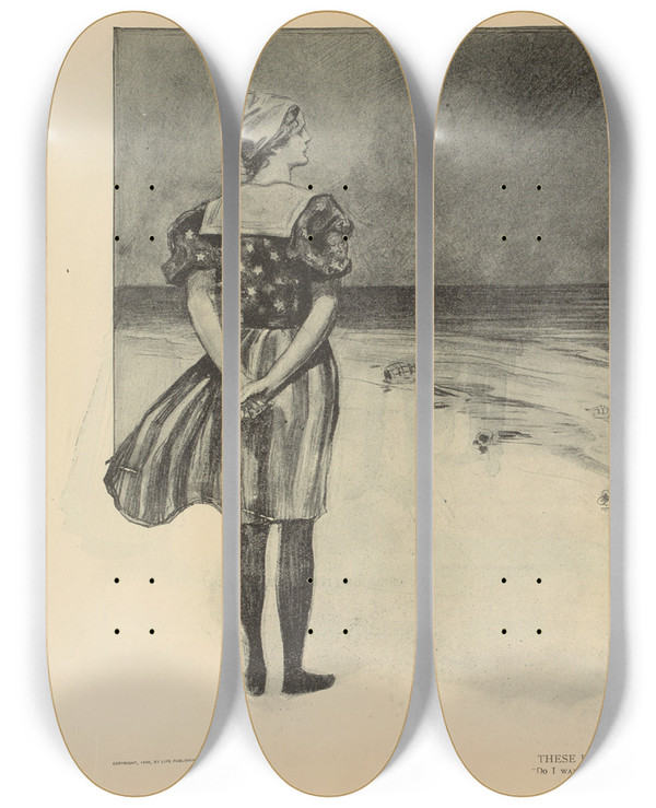 Triptych art skateboard deck of Charles Dana Gibson These Foreign Relations by Charles Dana Gibson (1867-1944)