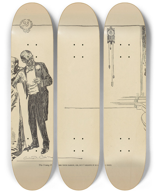 Triptych art skateboard deck of Charles Dana Gibson The Young One I Beg Your Pardon Sir But I Believe It Is My Turn Next by Charles Dana Gibson (1867-1944)