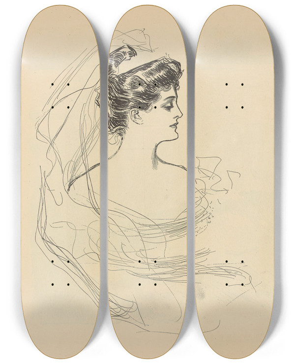Triptych art skateboard deck of Charles Dana Gibson Untitled_61 by Charles Dana Gibson (1867-1944)