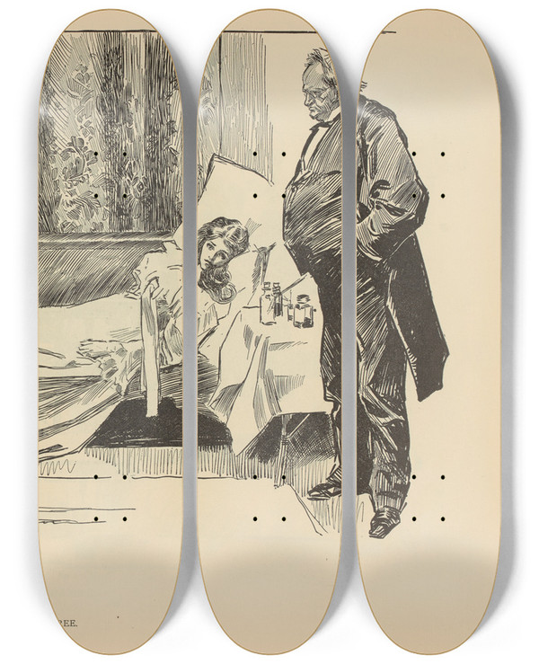 Triptych art skateboard deck of Charles Dana Gibson When Doctors Disagree by Charles Dana Gibson (1867-1944)