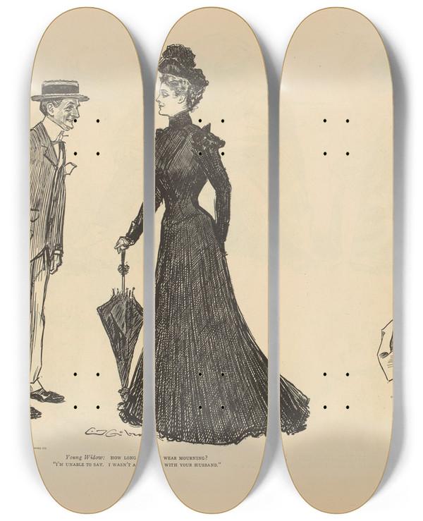 Triptych art skateboard deck of Charles Dana Gibson Young Widow How Long Should I Wear Mourning_2 by Charles Dana Gibson (1867-1944)