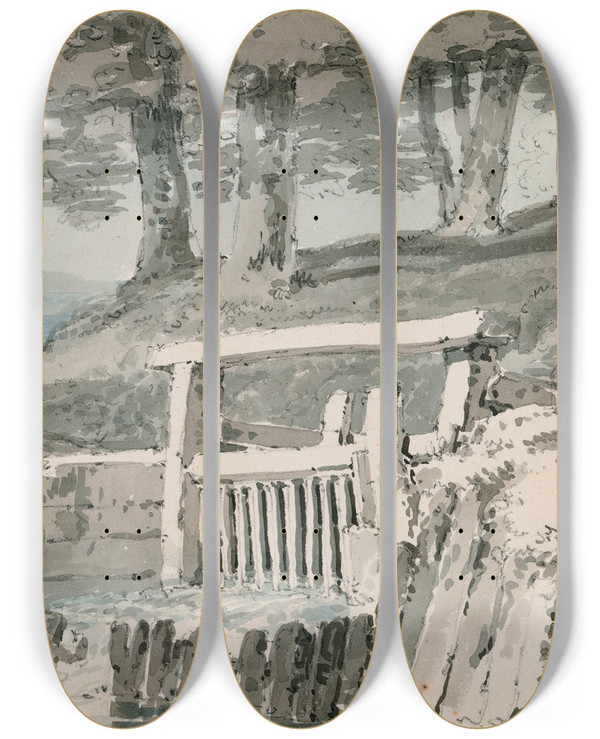 Triptych art skateboard deck of Joseph Mallord William Turner Sluice Gate Netley Abbey Hampshire by Joseph Mallord William Turner (1775-1851)