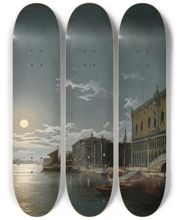 Triptych art skateboard deck of Henry Pether A View Of The Bacino Di San Marco With The Doges Palace And The Church Of Santa Maria Della Salute In The Distance By Moonlight by Henry Pether (1828-1865)