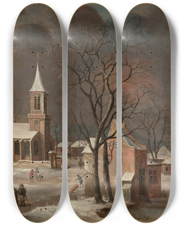 Triptych art skateboard deck of Anthonie Beerstraaten A Winter Landscape With Iceskaters And A Church Beyond by Anthonie Beerstraaten (1637-1664)