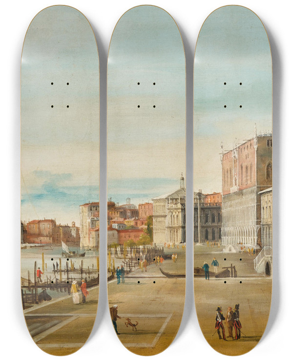 Triptych art skateboard deck of Marco Grubacs Venice A View Of The Molo And Santa Maria Della Salute In The Background by Marco Grubacs (1839-1910)