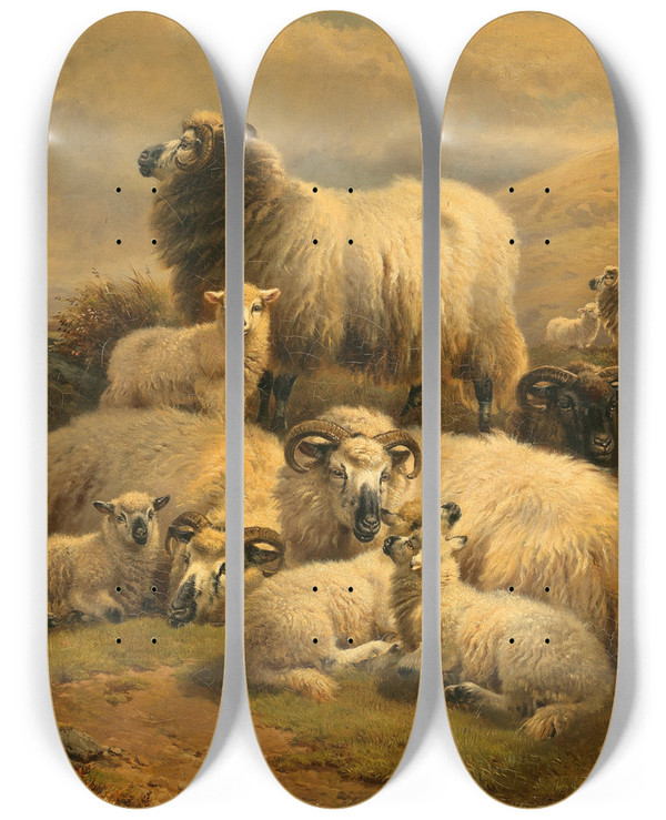Triptych art skateboard deck of William Watson Sheep In The Scottish Highlands by William Watson