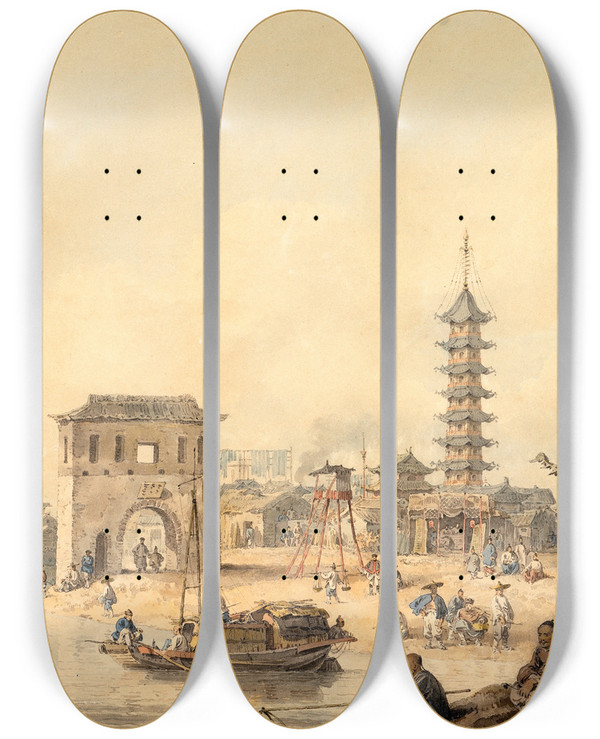 Triptych art skateboard deck of William Alexander The Suburbs Of A Chinese City by William Alexander (1767-1816)