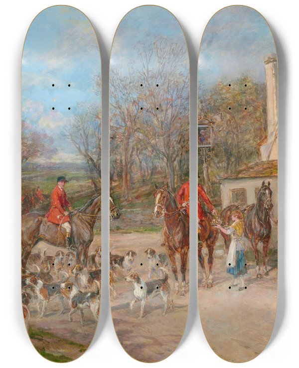 Triptych art skateboard deck of Heywood Hardy The Stirrup Cup by Heywood Hardy (1842-1933)