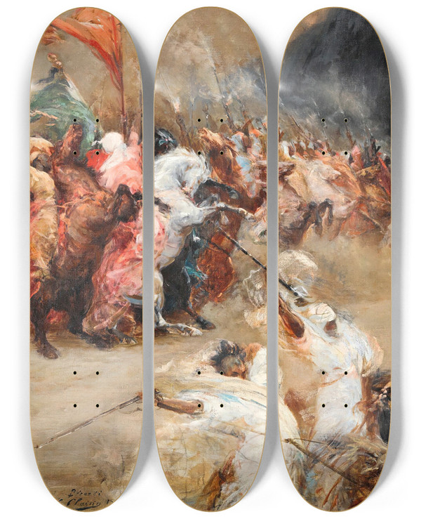 Triptych art skateboard deck of Georges Jules Victor Clairin Fantasia by Georges Jules Victor Clairin (1843-1919)