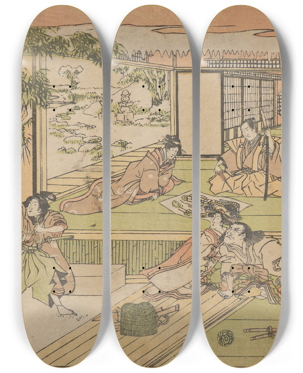 Triptych art skateboard deck of Utagawa Kuninao Five Figures Watching Man Roping A Bamboo by Utagawa Kuninao (1793-1854)