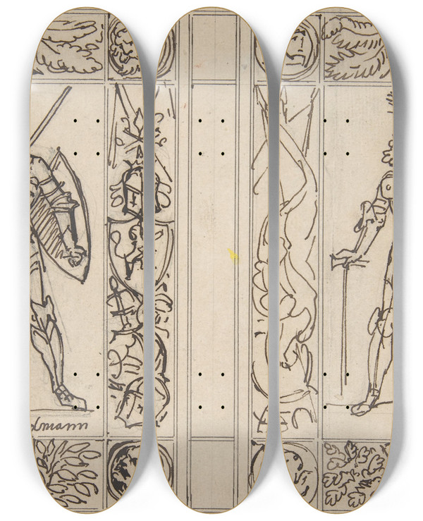 Triptych art skateboard deck of Carl Alexander Von Heideloff Study For Two Book Illustrations by Carl Alexander Von Heideloff (1789-1865)