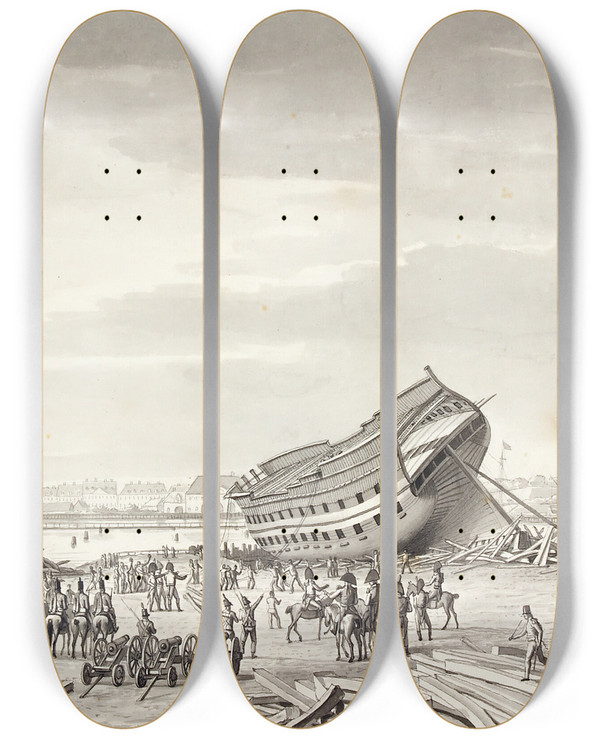 Triptych art skateboard deck of Christoffer Wilhelm Eckersberg Englndernes Sidste Dd I Kbenhavn by Christoffer Wilhelm Eckersberg (1783-1853)