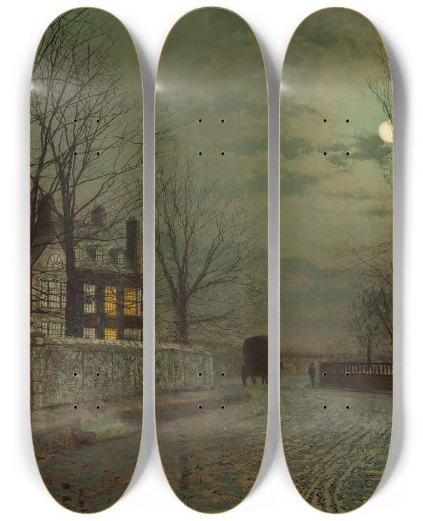 Triptych art skateboard deck of John Atkinson Grimshaw The Turn Of The Road by John Atkinson Grimshaw (1836-1893)