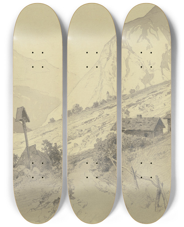 Triptych art skateboard deck of Karl Friedrich Harveng Flusstal Im Gebirge Rechts Htten Davor Mann Und Frau by Karl Friedrich Harveng (1832-1874)
