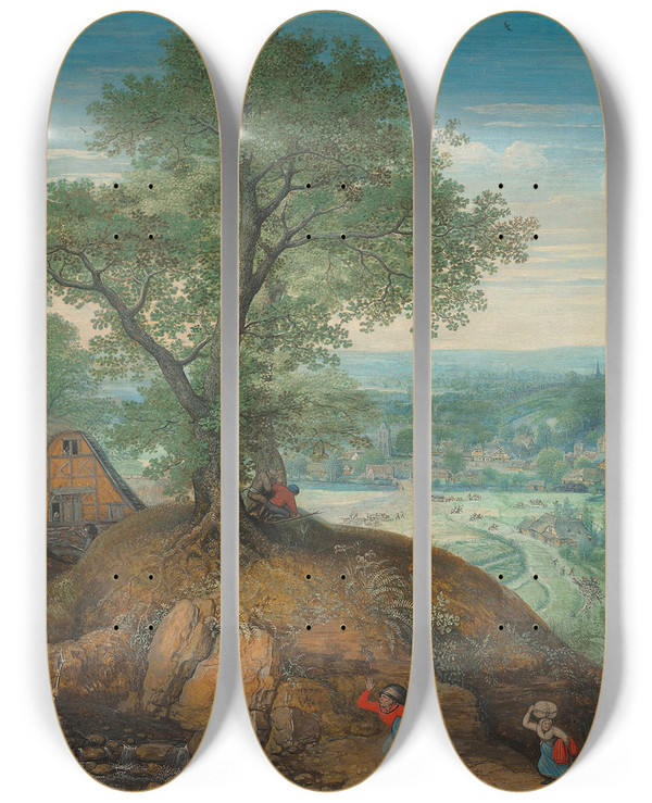 Triptych art skateboard deck of Lucas Van Valckenborch An Extensive Landscape With Plundering Soldiers by Lucas Van Valckenborch (1530-1597)