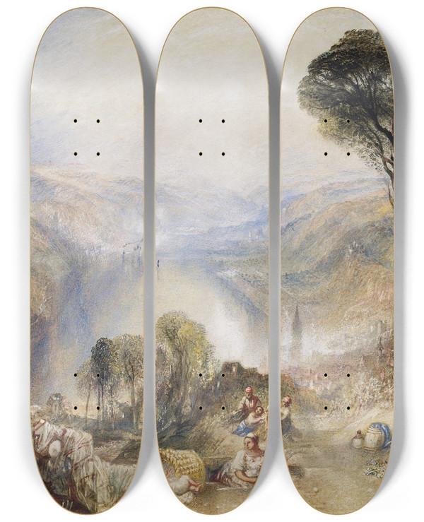 Triptych art skateboard deck of Joseph Mallord William Turner Oberwesel by Joseph Mallord William Turner (1775-1851)