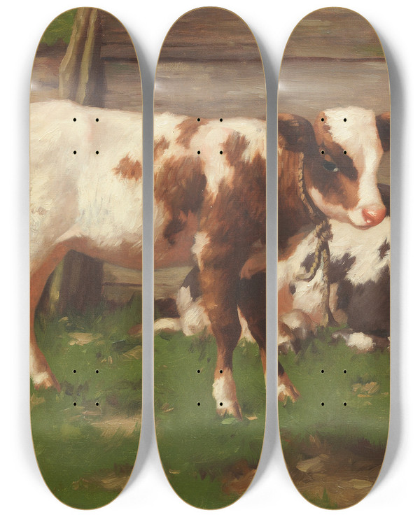 Triptych art skateboard deck of David Gauld Calves Outside A Barn by David Gauld (1866-1936)