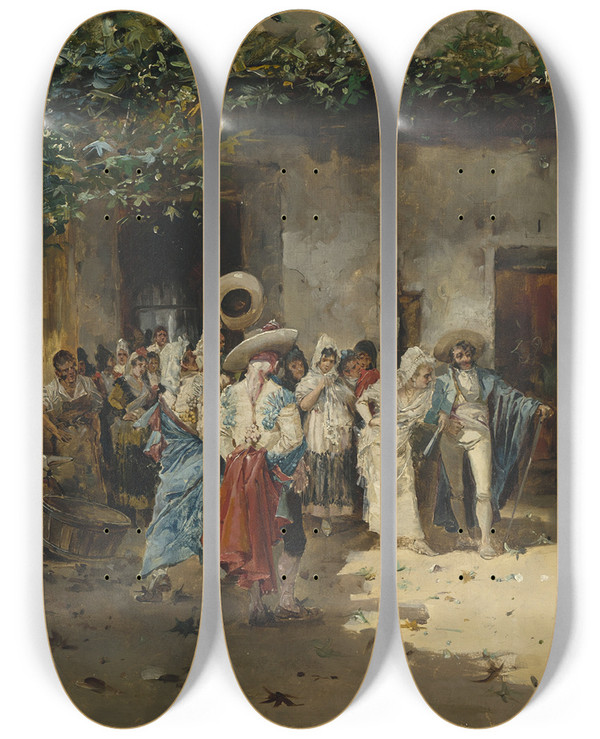 Triptych art skateboard deck of Eugenio Lucas Villamil Reception At The Village by Eugenio Lucas Villamil (1858-1918)