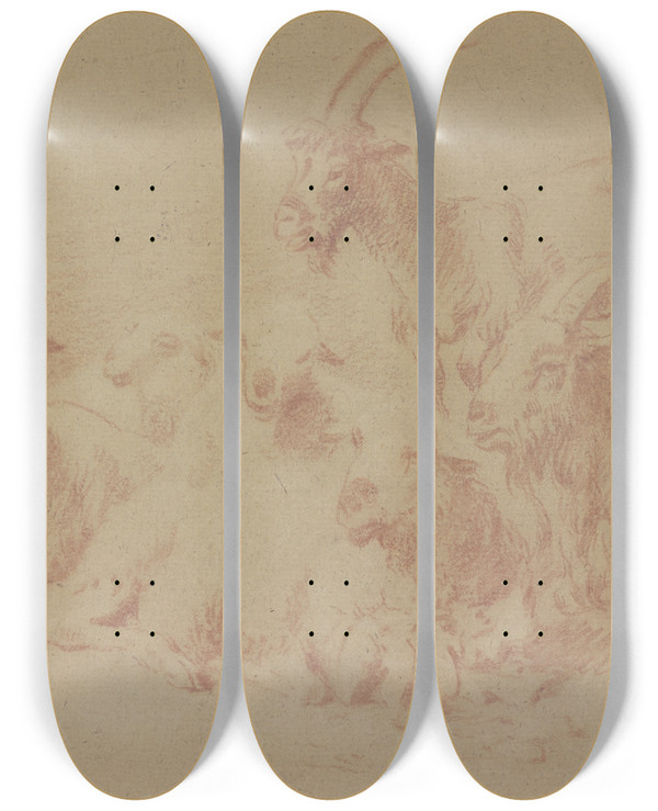 Triptych art skateboard deck of Johann Heinrich Roos Zwei Ziegen Und Sechs Schafe by Johann Heinrich Roos (1631-1685)