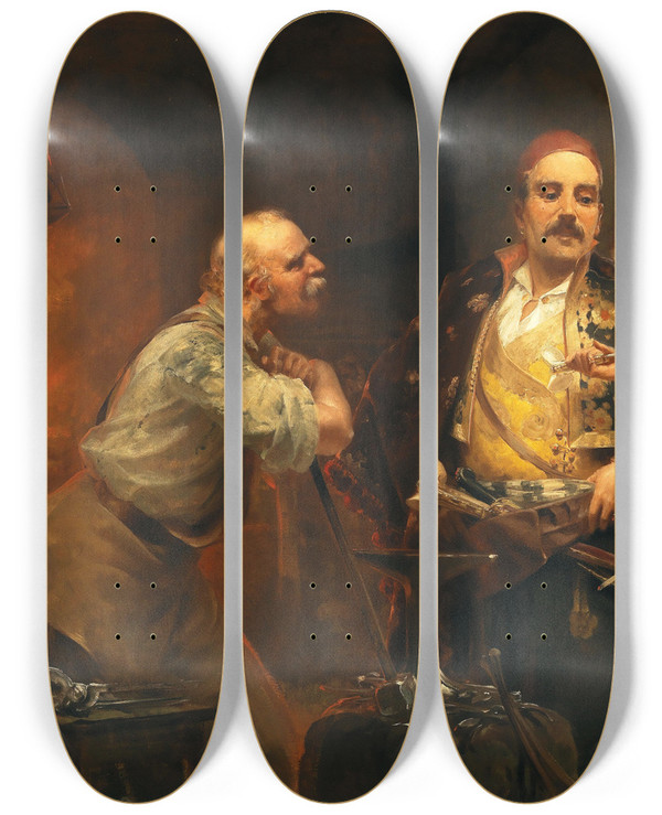 Triptych art skateboard deck of Alois Hans Schram At The Bladesmiths by Alois Hans Schram (1864-1919)