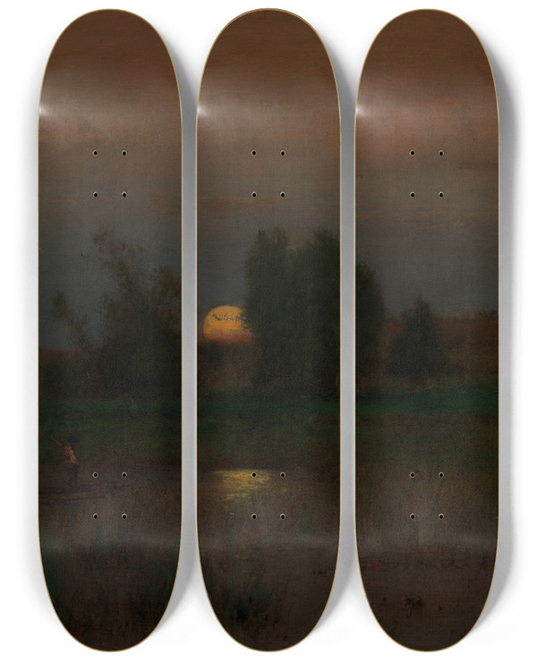 Triptych art skateboard deck of George Inness Moonrise_1 by George Inness (1825-1894)
