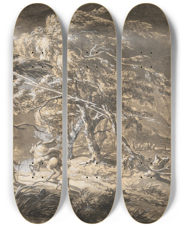 Triptych art skateboard deck of George Barret The Lightning Flash Travellers In A Thunderstorm On A Woodland Road by George Barret (1767-1842)