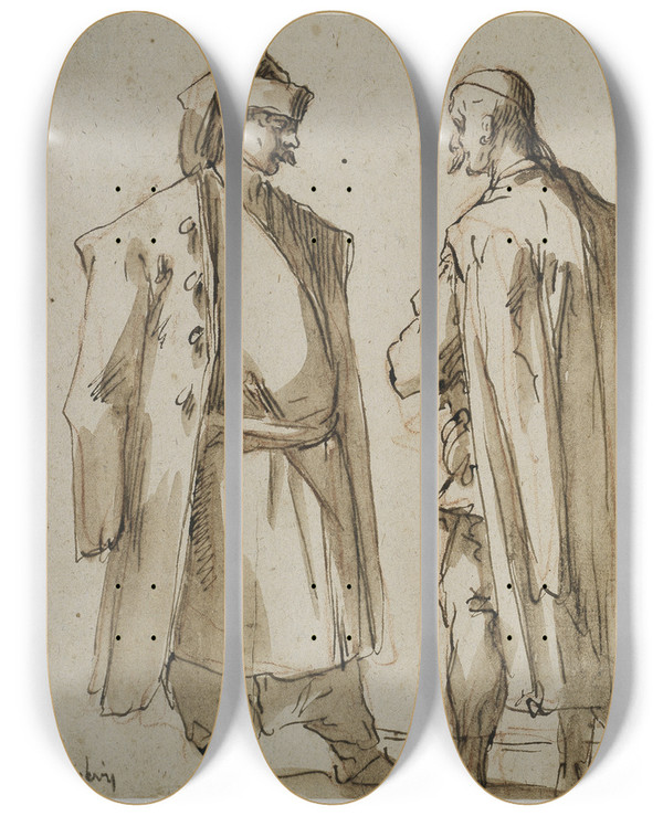 Triptych art skateboard deck of Gaspare Diziani Six Orientals by Gaspare Diziani (1689-1767)