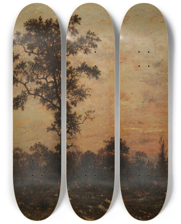 Triptych art skateboard deck of Thodore Rousseau Edge Of The Forest Sun Setting by Theodore Rousseau (1812-1867)