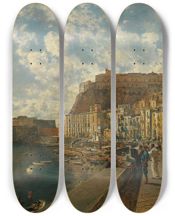 Triptych art skateboard deck of Rudolf Von Alt Am Strand Von Santa Lucia In Neapel by Rudolf Von Alt (1812-1905)