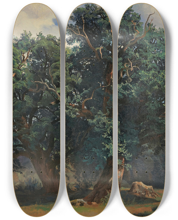Triptych art skateboard deck of Alexandre Calame Landscape With Oak Trees by Alexandre Calame (1810-1864)